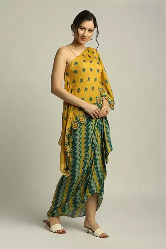 Yellow Green Tiraz printed one shoulder top with drape skirt