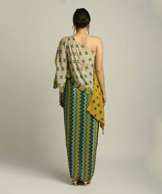 Yellow Green Tiraz printed one shoulder top with drape skirt 5