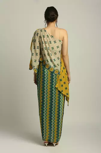 Yellow Green Tiraz printed one shoulder top with drape skirt