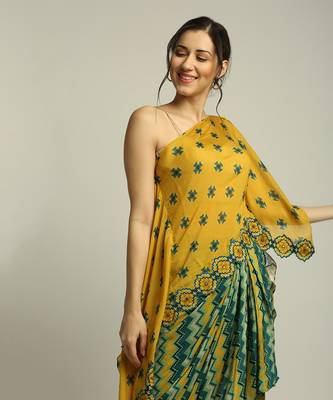 Yellow Green Tiraz printed one shoulder top with drape skirt 6