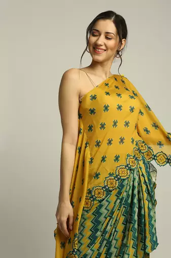 Yellow Green Tiraz printed one shoulder top with drape skirt