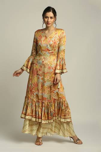 Yellow Multi colour Forest grove printed overlap kurta with pant