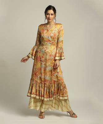 Yellow Multi colour Forest grove printed overlap kurta with pant 1