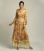 Yellow Multi colour Forest grove printed overlap kurta with pant