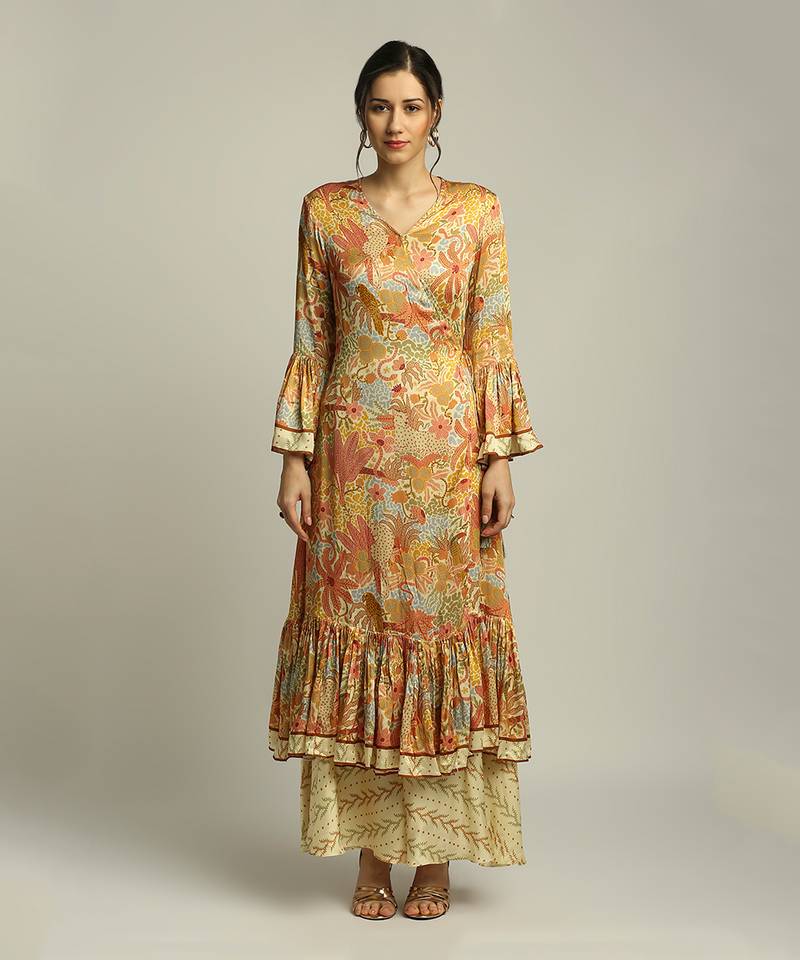 Yellow Multi colour Forest grove printed overlap kurta with pant