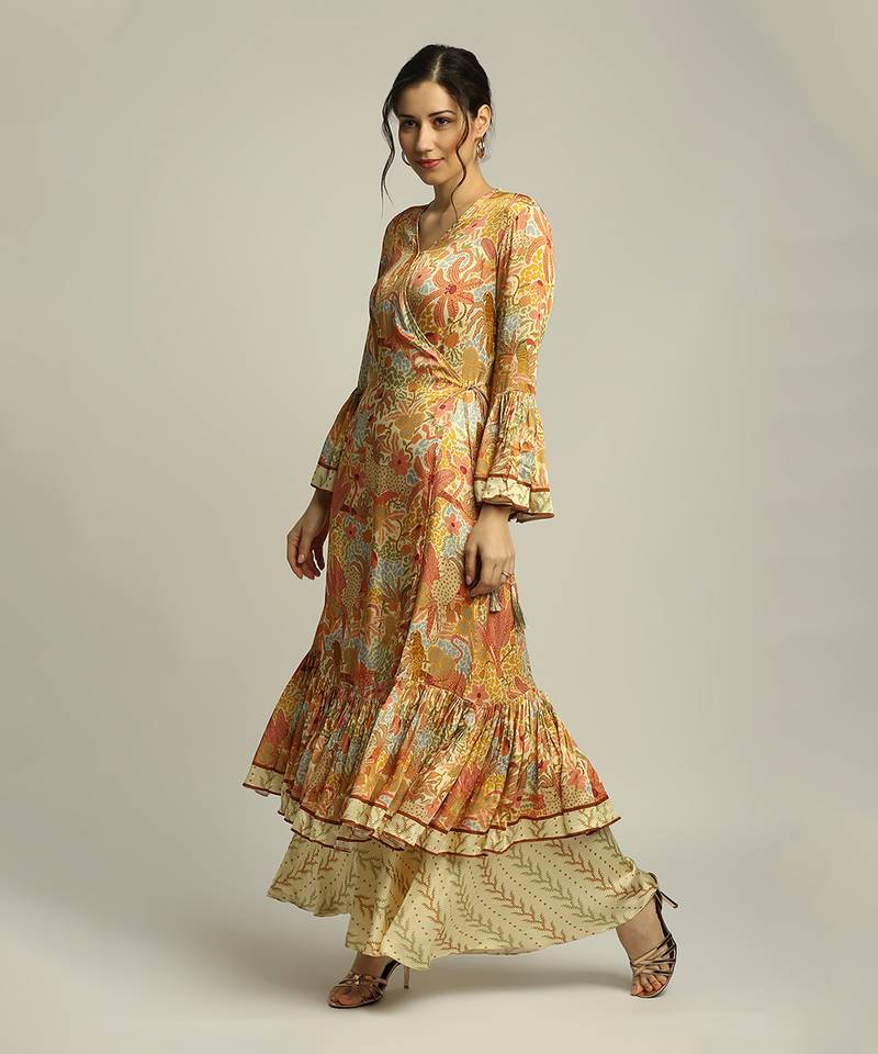 Yellow Multi colour Forest grove printed overlap kurta with pant