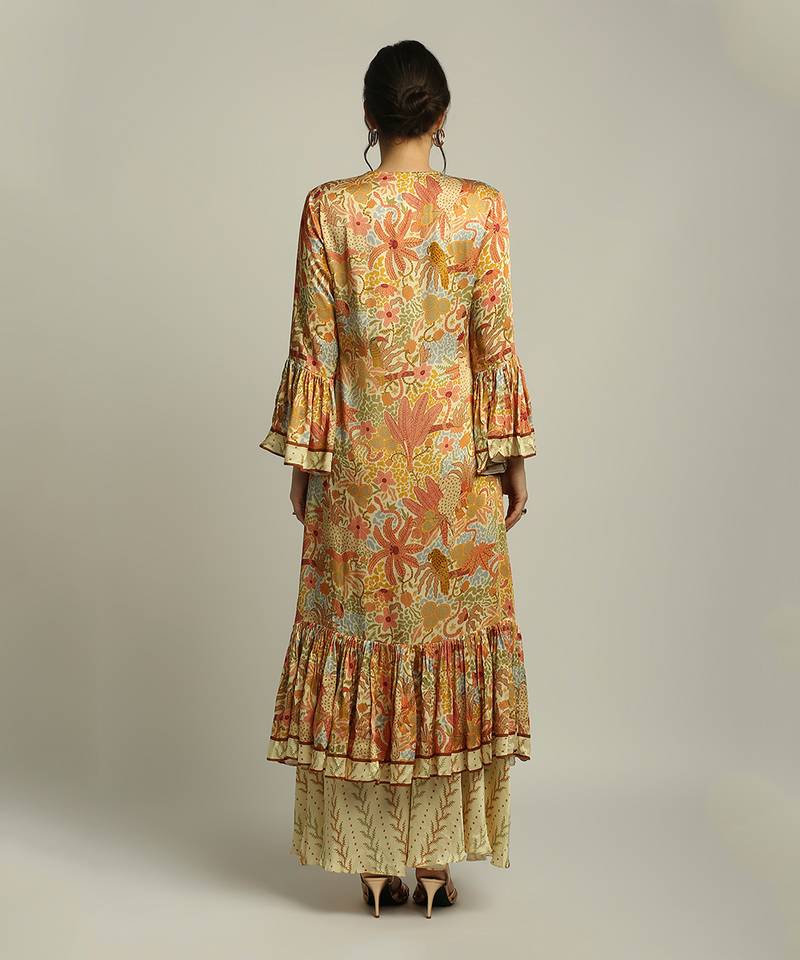 Yellow Multi colour Forest grove printed overlap kurta with pant