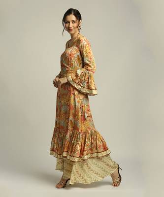 Yellow Multi colour Forest grove printed overlap kurta with pant 5