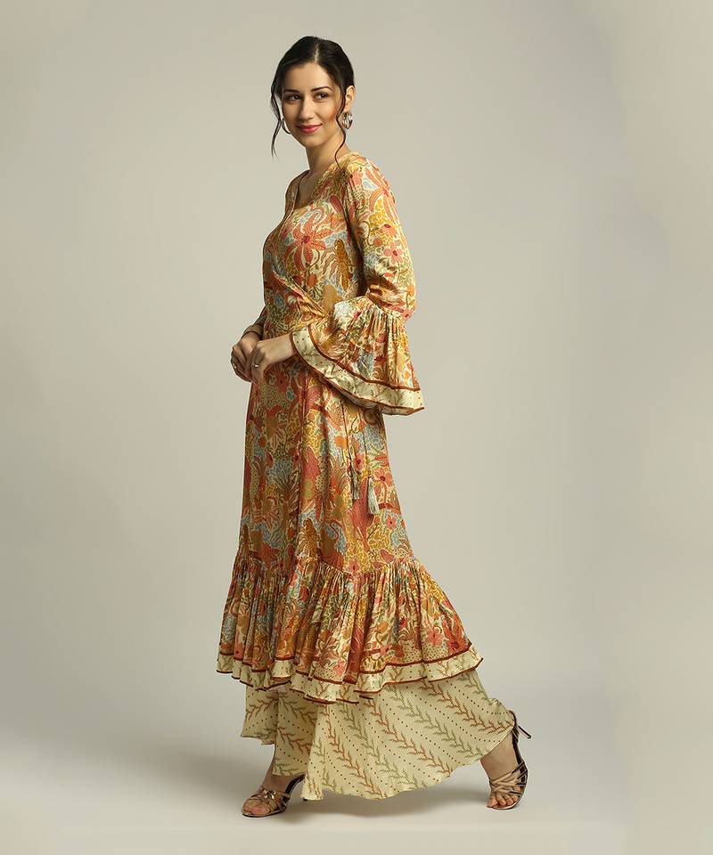 Yellow Multi colour Forest grove printed overlap kurta with pant