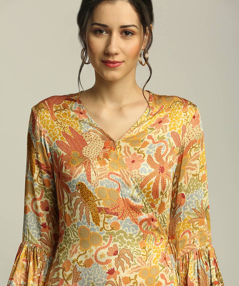 Yellow Multi colour Forest grove printed overlap kurta with pant
