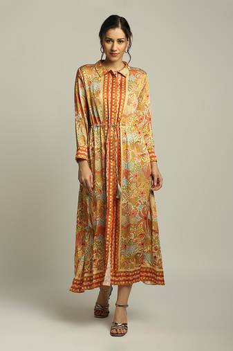 Yellow forest Groove Printed Dress With Waist Tie-Up