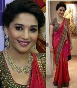 pink embroidered satin saree with blouse