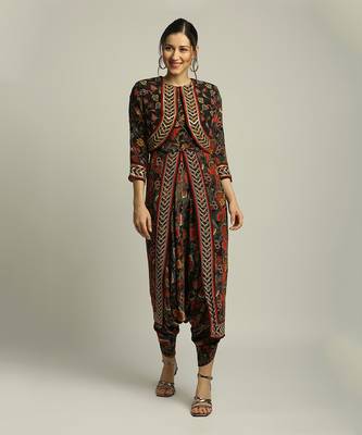 Black batik Printed Dhoti Style Jumpsuit With Jacket 1