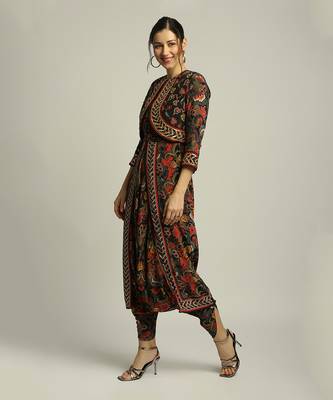 Black batik Printed Dhoti Style Jumpsuit With Jacket 2