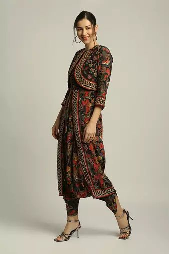 Black batik Printed Dhoti Style Jumpsuit With Jacket
