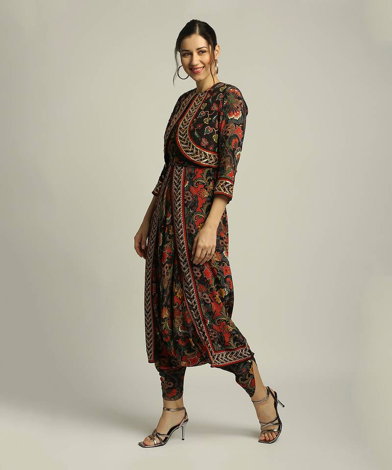 Black batik Printed Dhoti Style Jumpsuit With Jacket