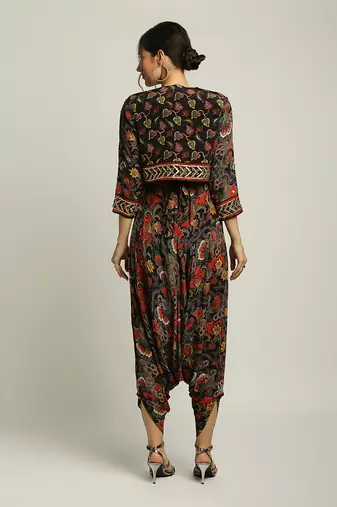 Black batik Printed Dhoti Style Jumpsuit With Jacket