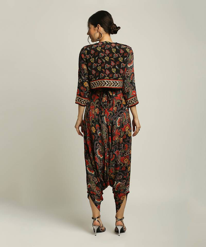 Black batik Printed Dhoti Style Jumpsuit With Jacket