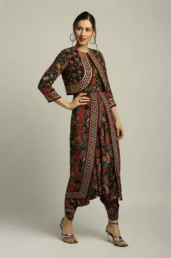 Black batik Printed Dhoti Style Jumpsuit With Jacket