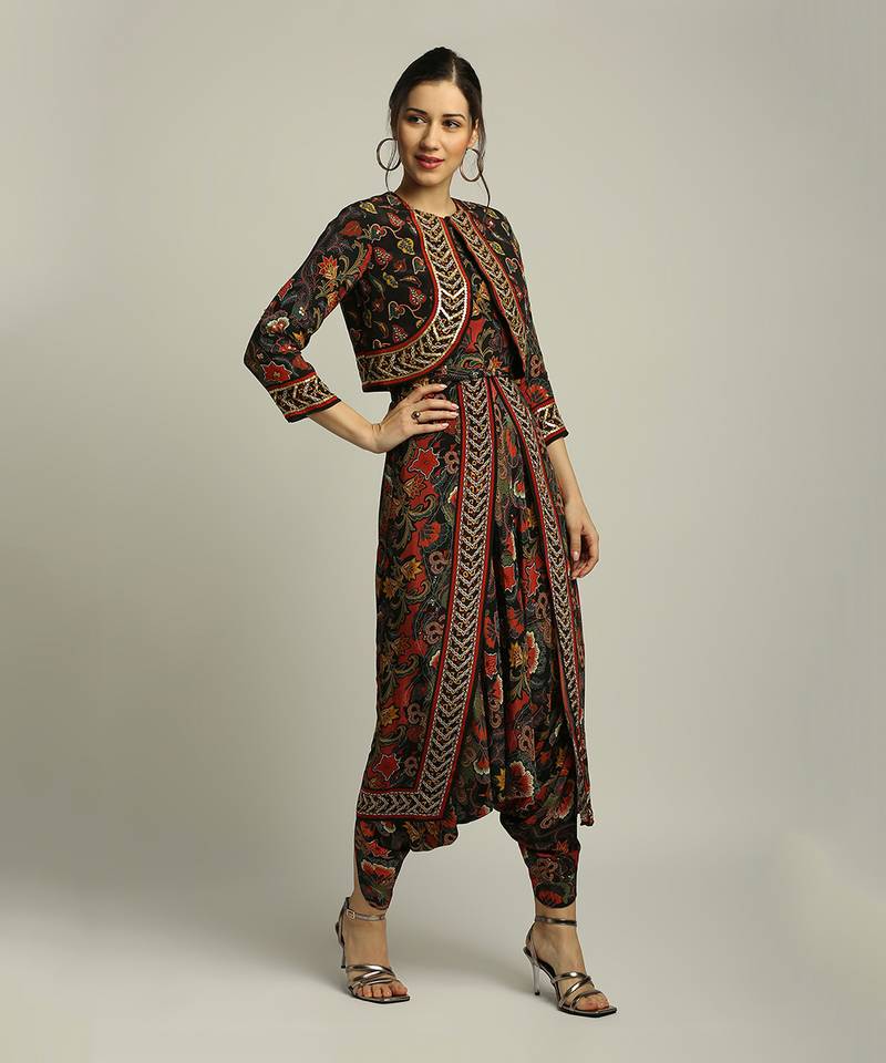 Black batik Printed Dhoti Style Jumpsuit With Jacket