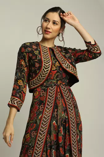 Black batik Printed Dhoti Style Jumpsuit With Jacket