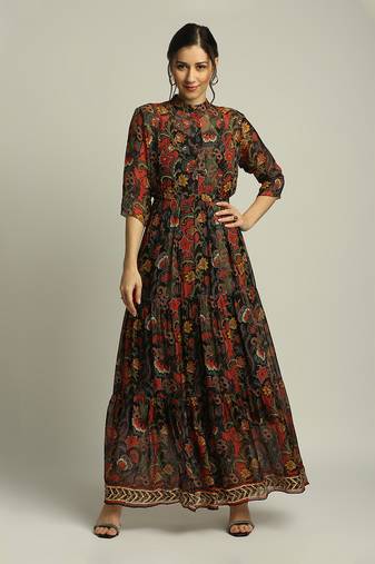 Black batik Printed Long Tiered Dress