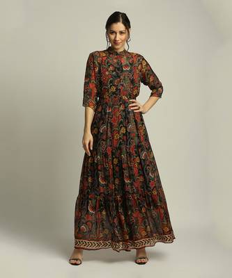 Black batik Printed Long Tiered Dress 1