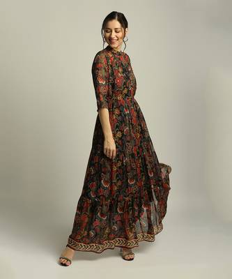 Black batik Printed Long Tiered Dress 2