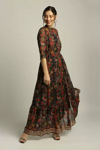Black batik Printed Long Tiered Dress