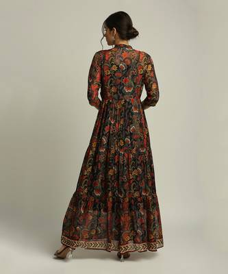 Black batik Printed Long Tiered Dress 3