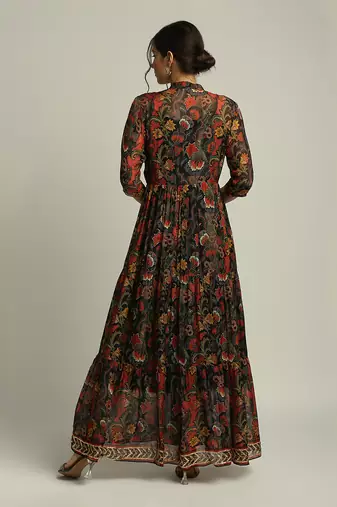 Black batik Printed Long Tiered Dress