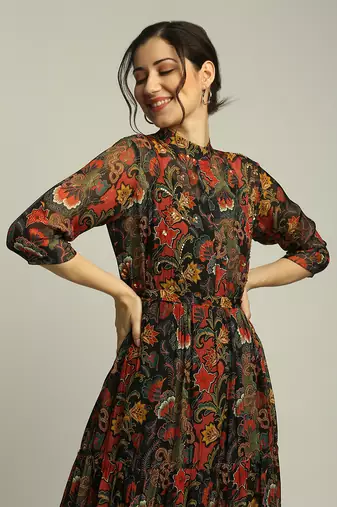 Black batik Printed Long Tiered Dress