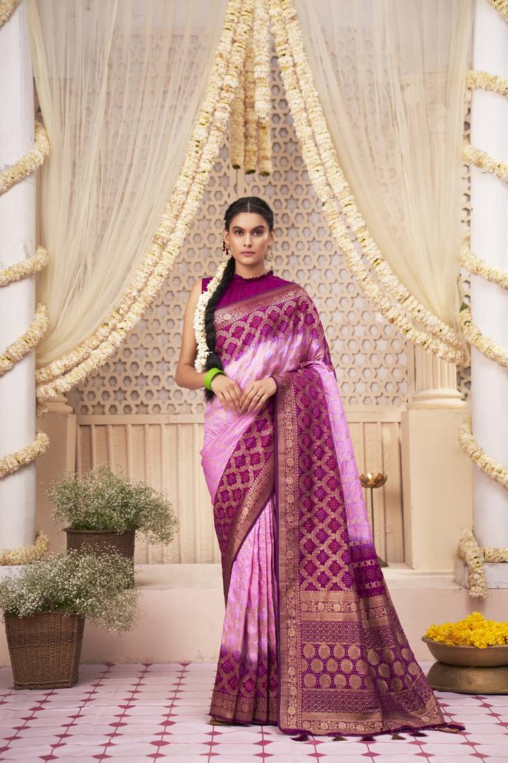 Designer Bandhani Raw Silk Saree with weaving work