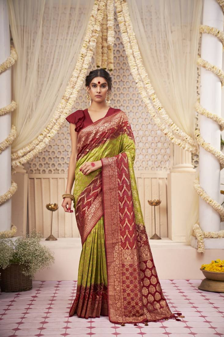 Designer Bandhani Raw Silk Saree with weaving work