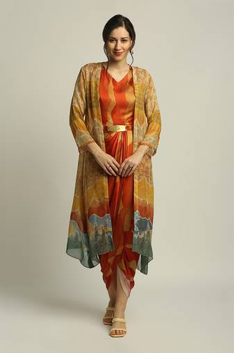Multi Colour dune Shadow Printed Drape Dress With Jacket