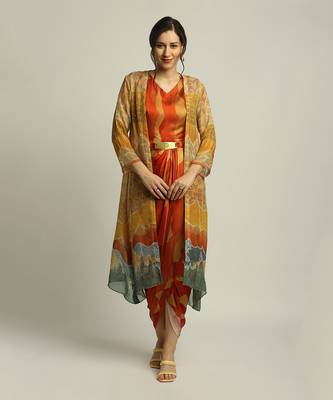 Multi Colour dune Shadow Printed Drape Dress With Jacket 1