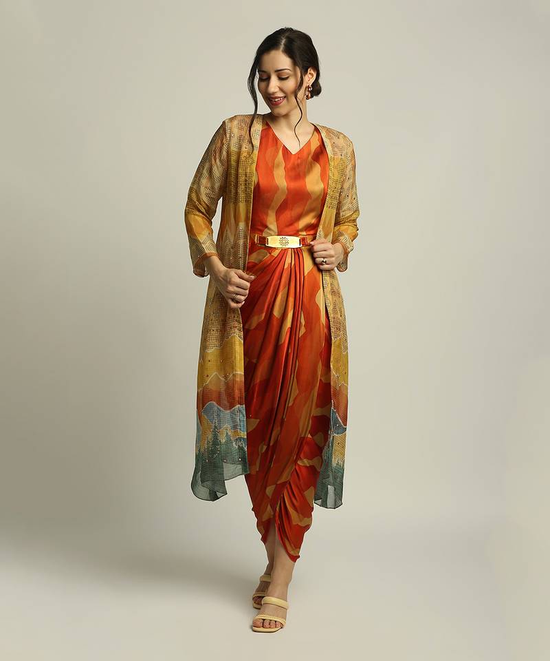 Multi Colour dune Shadow Printed Drape Dress With Jacket