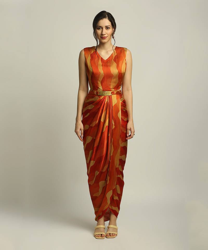 Multi Colour dune Shadow Printed Drape Dress With Jacket