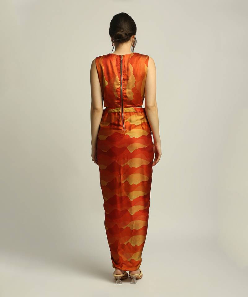 Multi Colour dune Shadow Printed Drape Dress With Jacket