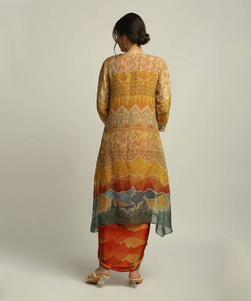 Multi Colour dune Shadow Printed Drape Dress With Jacket