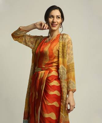 Multi Colour dune Shadow Printed Drape Dress With Jacket 6