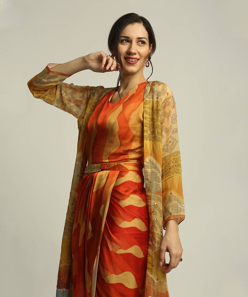 Multi Colour dune Shadow Printed Drape Dress With Jacket