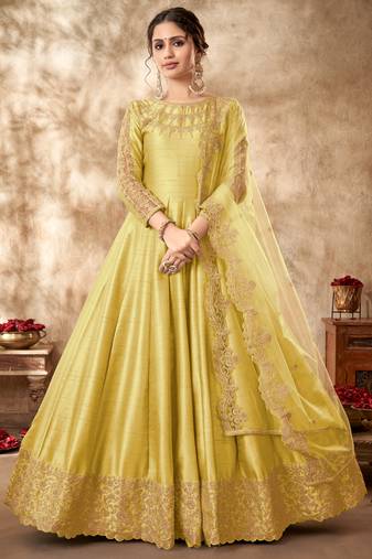 Yellow Art Silk Embroidered Anarkali Salwar Kameez