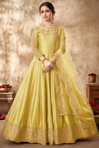 Yellow Art Silk Embroidered Anarkali Salwar Kameez