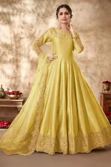 Yellow Art Silk Embroidered Anarkali Salwar Kameez