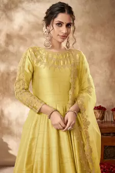 Yellow Art Silk Embroidered Anarkali Salwar Kameez