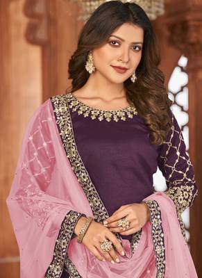 Wine Art Silk Embroidered Pakistani Salwar Kameez 3