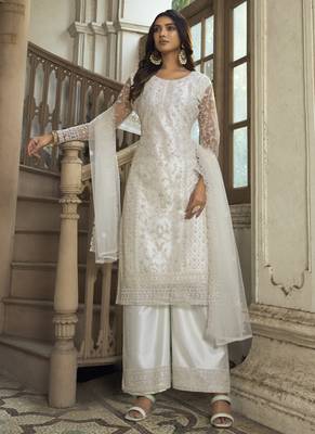 Off White Net Embroidered Pakistani Salwar Kameez 1