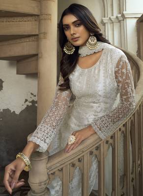 Off White Net Embroidered Pakistani Salwar Kameez 2