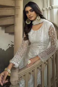 Off White Net Embroidered Pakistani Salwar Kameez